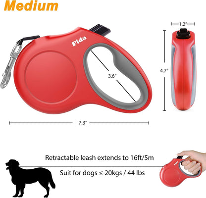Retractable Dog Leash with Dispenser and Poop Bags, 16 Ft, Red