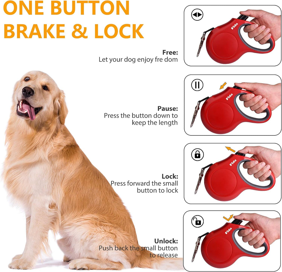 Retractable Dog Leash with Dispenser and Poop Bags, 16 Ft, Red