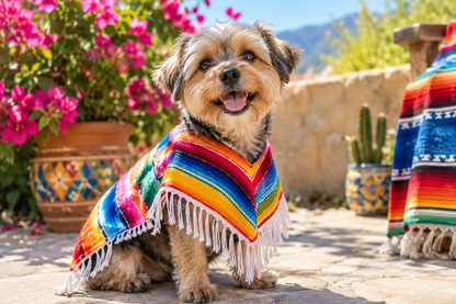 Dog wearing colorful Mexican blanket poncho outdoors